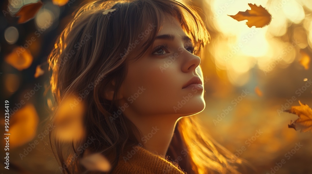 A girl stands in a park on an autumn day, with fallen yellow leaves flying around. A girl stands in a park on an autumn day, with fallen yellow leaves flying around.