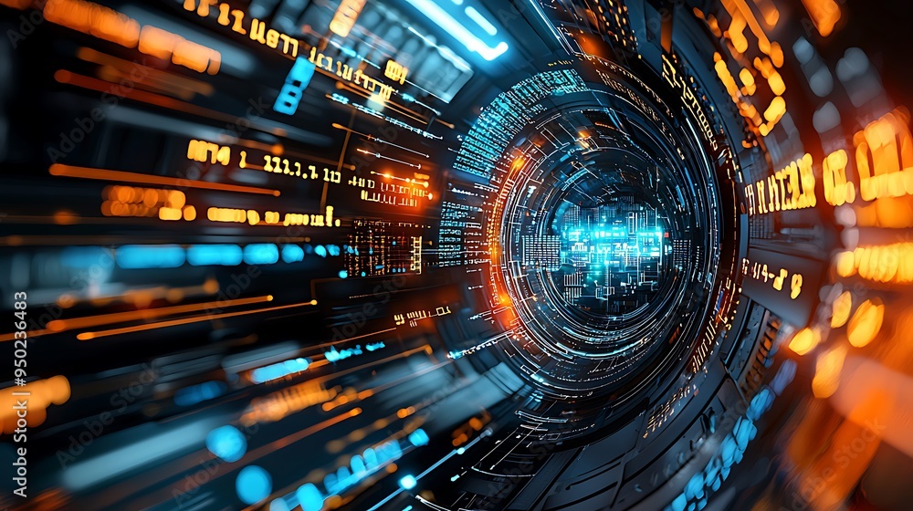 A futuristic tunnel illuminated by blue and orange lights, leading to a digital horizon. A futuristic tunnel illuminated by blue and orange lights, leading to a digital horizon.