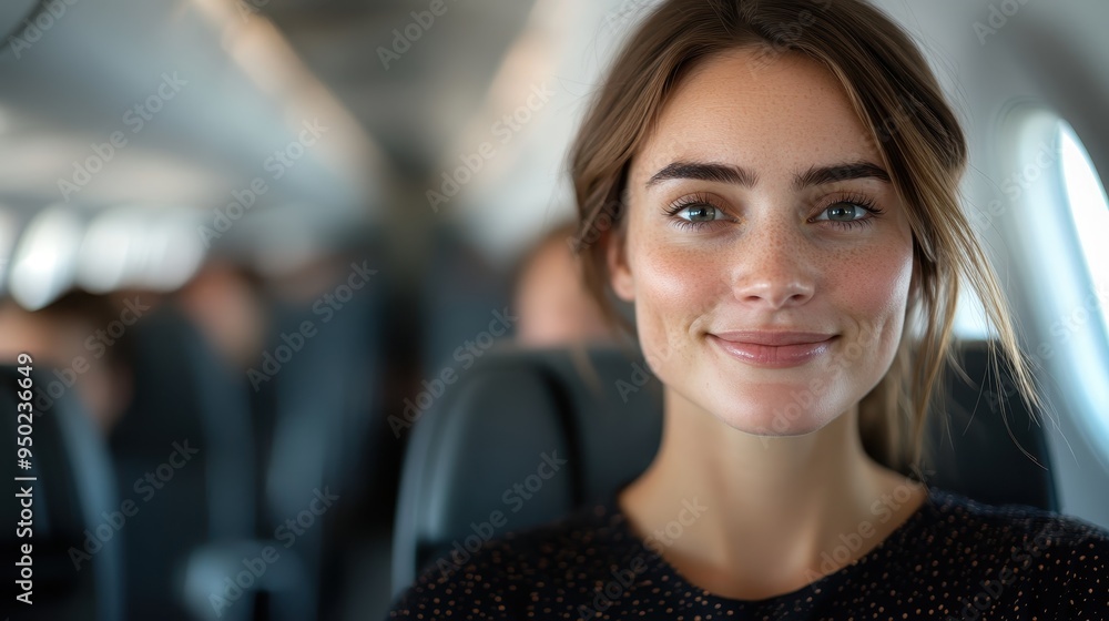 A content woman with a soft smile on an airplane. The bright interior and blurred passengers in the background create a serene and pleasant atmosphere for travel. A content woman with a soft smile on an airplane. The bright interior and blurred passengers in the background create a serene and pleasant atmosphere for travel.