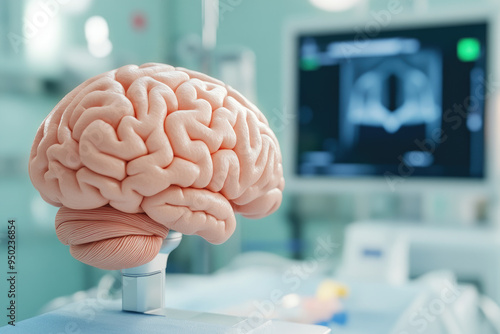 Detailed anatomical model of a human brain in a clinical setting, highlighting medical imaging in the background and emphasizing neurological research and education.