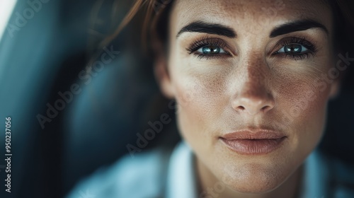 A detailed close-up portrait of a woman with freckles, showcasing her confident and engaged expression with striking blue eyes, captured in nuanced lighting that emphasizes textures.