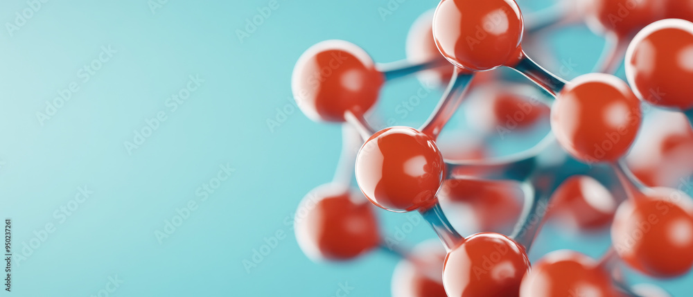 Molecular Structure of a Compound, vivid red spheres connected by transparent bonds against a soft blue background representing scientific research and chemistry exploration Molecular Structure of a Compound, vivid red spheres connected by transparent bonds against a soft blue background representing scientific research and chemistry exploration