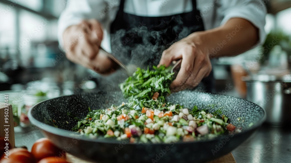 Close-up view of a chef's hands chopping fresh vegetables for a steaming stir fry in a professional kitchen, highlighting the precision and freshness in cooking. Close-up view of a chef's hands chopping fresh vegetables for a steaming stir fry in a professional kitchen, highlighting the precision and freshness in cooking.