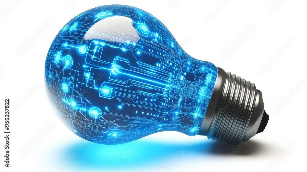 Tech Innovation Illuminated: A modern light bulb with intricate circuitry glowing blue, symbolizing technological advancement and innovative ideas. Tech Innovation Illuminated: A modern light bulb with intricate circuitry glowing blue, symbolizing technological advancement and innovative ideas.