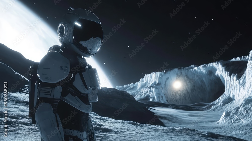 Naklejka premium Futuristic robot on the surface of Europa with a dramatic ice cave and Jupiter glowing in the background, illuminated by striking lighting.