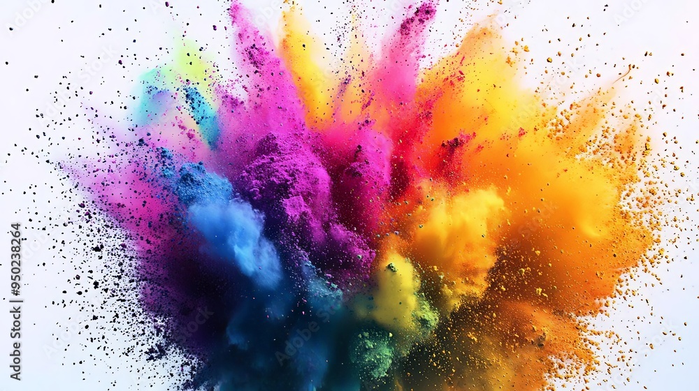 A dramatic explosion of vibrant powder, with each color vividly represented and particles suspended in motion, against a clean white canvas, with professional shading and lighting A dramatic explosion of vibrant powder, with each color vividly represented and particles suspended in motion, against a clean white canvas, with professional shading and lighting