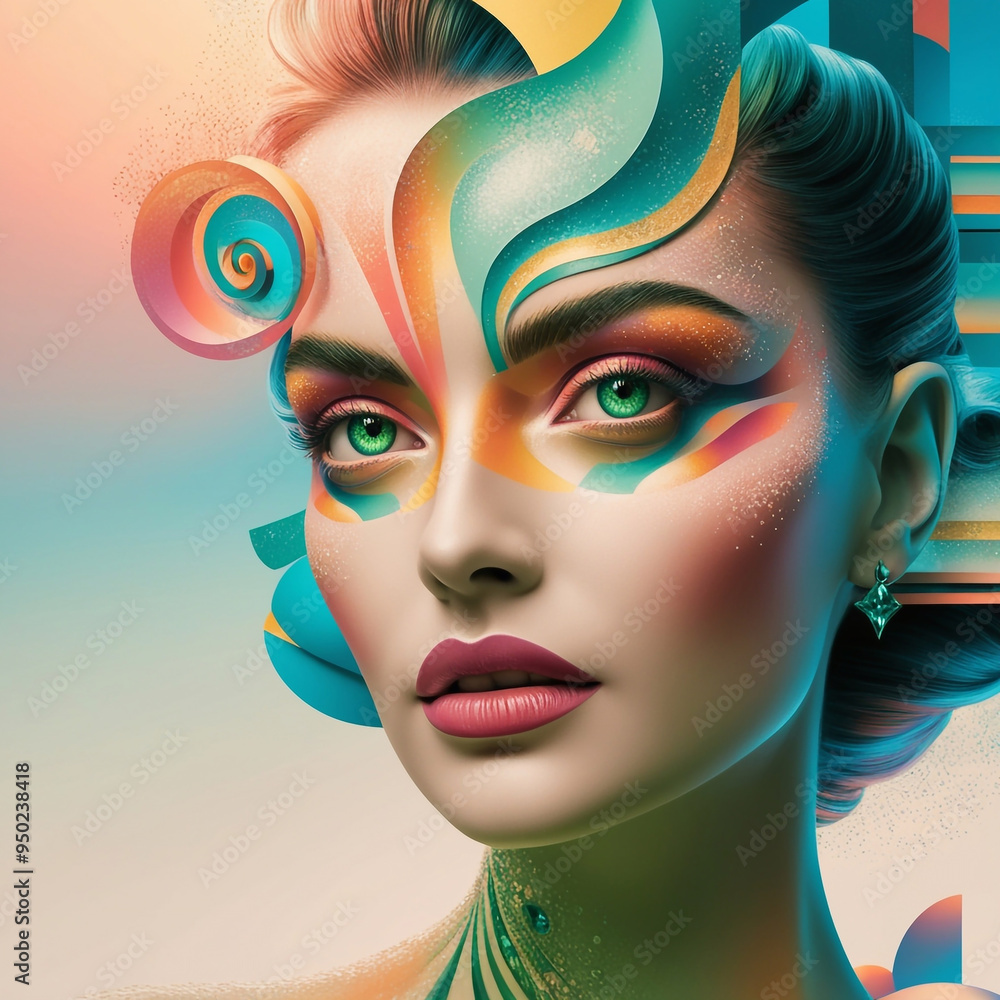 Fototapeta premium a fabulous photographic portrait of a woman's face, mesmerizingly executed in a mix of abstract minimalism, vector graphics and halftone surreal photography 