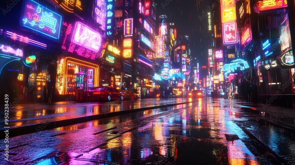 A 3D-rendered futuristic urban environment with neon signs and wet streets reflecting the lights