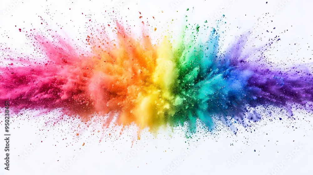 A dynamic explosion of rainbowcolored powder, with particles suspended midburst, creating a vivid and energetic visual against a pristine white background A dynamic explosion of rainbowcolored powder, with particles suspended midburst, creating a vivid and energetic visual against a pristine white background