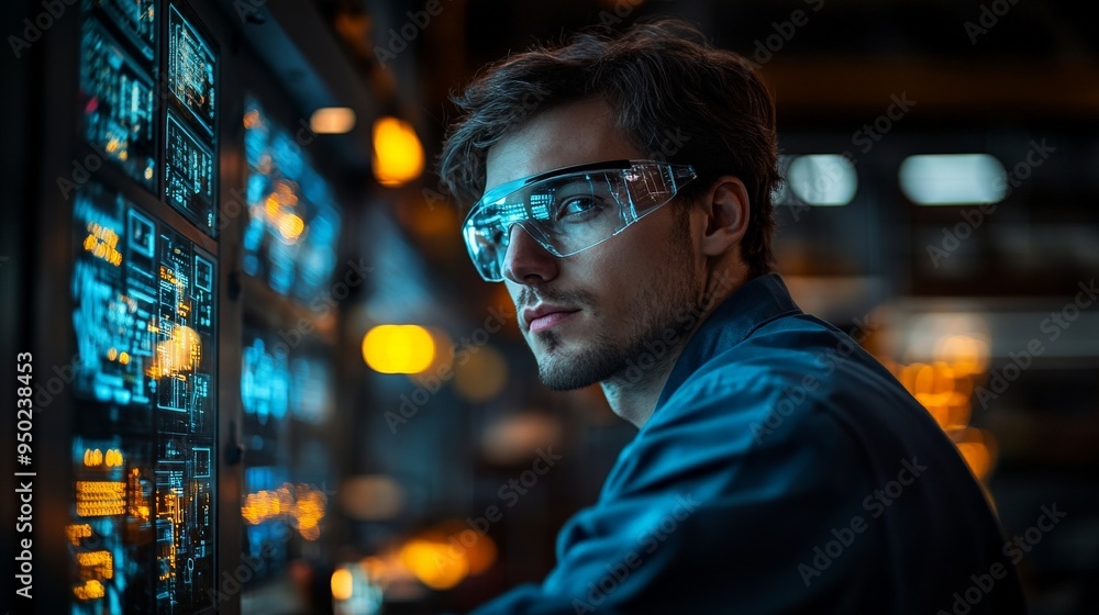 Industrial Precision: A focused engineer monitors data on a digital interface, showcasing the future of manufacturing and tech-driven industry. Industrial Precision: A focused engineer monitors data on a digital interface, showcasing the future of manufacturing and tech-driven industry.
