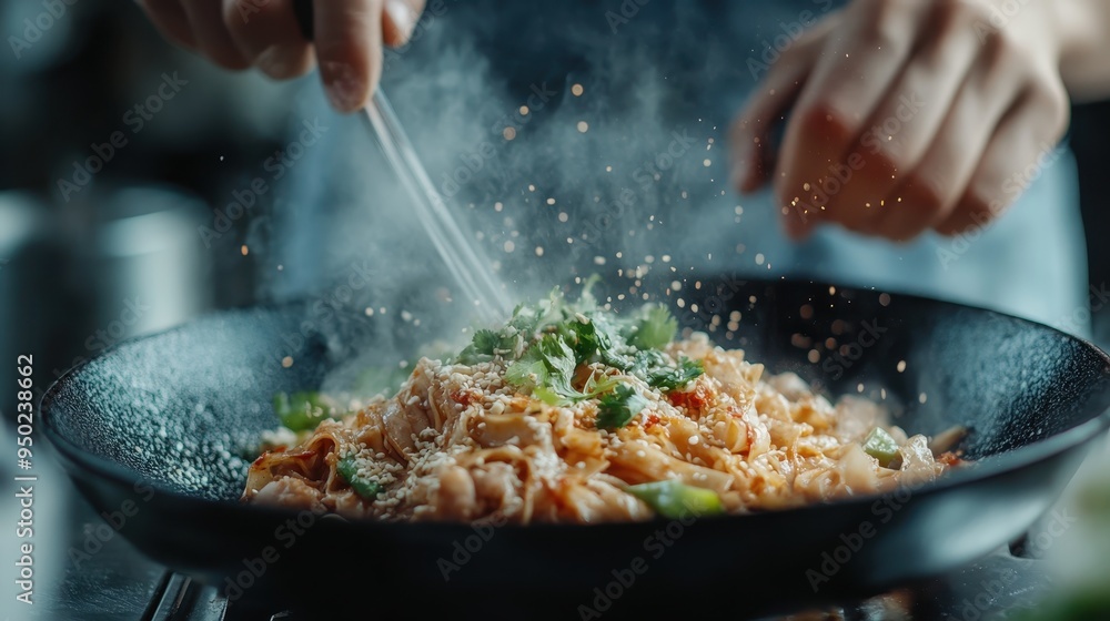 A chef's hands are seen adding fresh herbs to a steaming, freshly cooked meal in a pan, underlining the focus on creating a culinary masterpiece with high quality ingredients. A chef's hands are seen adding fresh herbs to a steaming, freshly cooked meal in a pan, underlining the focus on creating a culinary masterpiece with high quality ingredients.