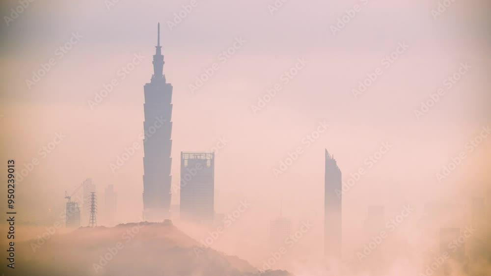 Silhouette of the Taipei city under the sun after a rainy day, a quiet city surrounded by clouds and mist, creating a dramatic and transcendent atmosphere. Taiwan. Silhouette of the Taipei city under the sun after a rainy day, a quiet city surrounded by clouds and mist, creating a dramatic and transcendent atmosphere. Taiwan.
