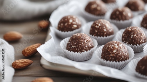 A tray lined with parchment paper filled with freshly prepared chocolate almond energy bites, surrounded by almonds, ready to be served as a healthy and nutritious snack.