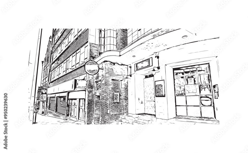 Print Building view with landmark of Hanley is the town in England. Hand drawn sketch illustration in vector. Print Building view with landmark of Hanley is the town in England. Hand drawn sketch illustration in vector.