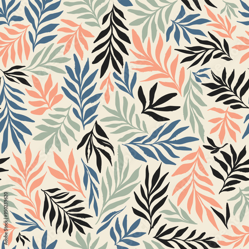 Pastel Green and Blue Tropical Flowing Leaves Vector Exotic Seamless Pattern Repeat for Wallpaper, Fabric Textile Design. Hand Drawn Inky Grunge Botanical Print photo