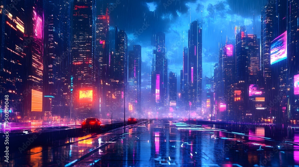 custom made wallpaper toronto digitalA futuristic cityscape at night with vibrant neon accents and reflective surfaces