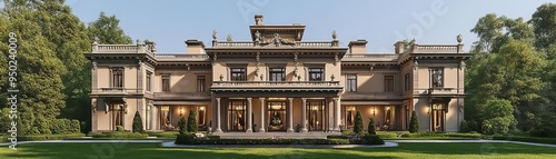 Lavish exterior of a luxury residence with intricate architectural details and expansive gardens, lavish luxury residence exterior, opulence and grandeur photo