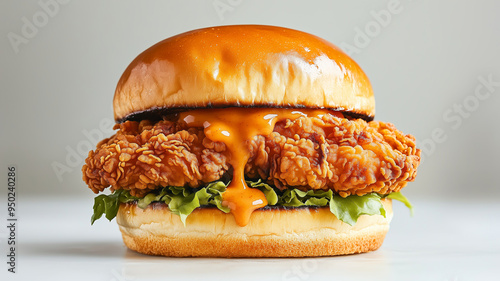 A close-up of a fried chicken sandwich dripping with sauce, warm hues, slightly abstract
