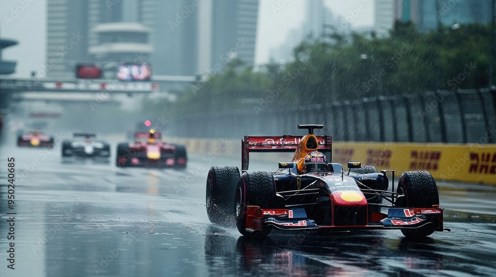 Fototapeta premium Formula Race Car Driving in Rain Cityscape Background
