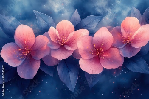 ethereal botanical illustration merging celestial elements with floral beauty delicate petals and leaves intertwine with star clusters and nebulae rendered in dreamy watercolors photo