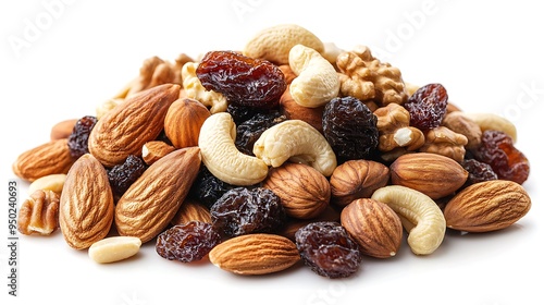 A healthy trail mix of mixed nuts and raisins, perfect for a quick and nutritious snack. photo