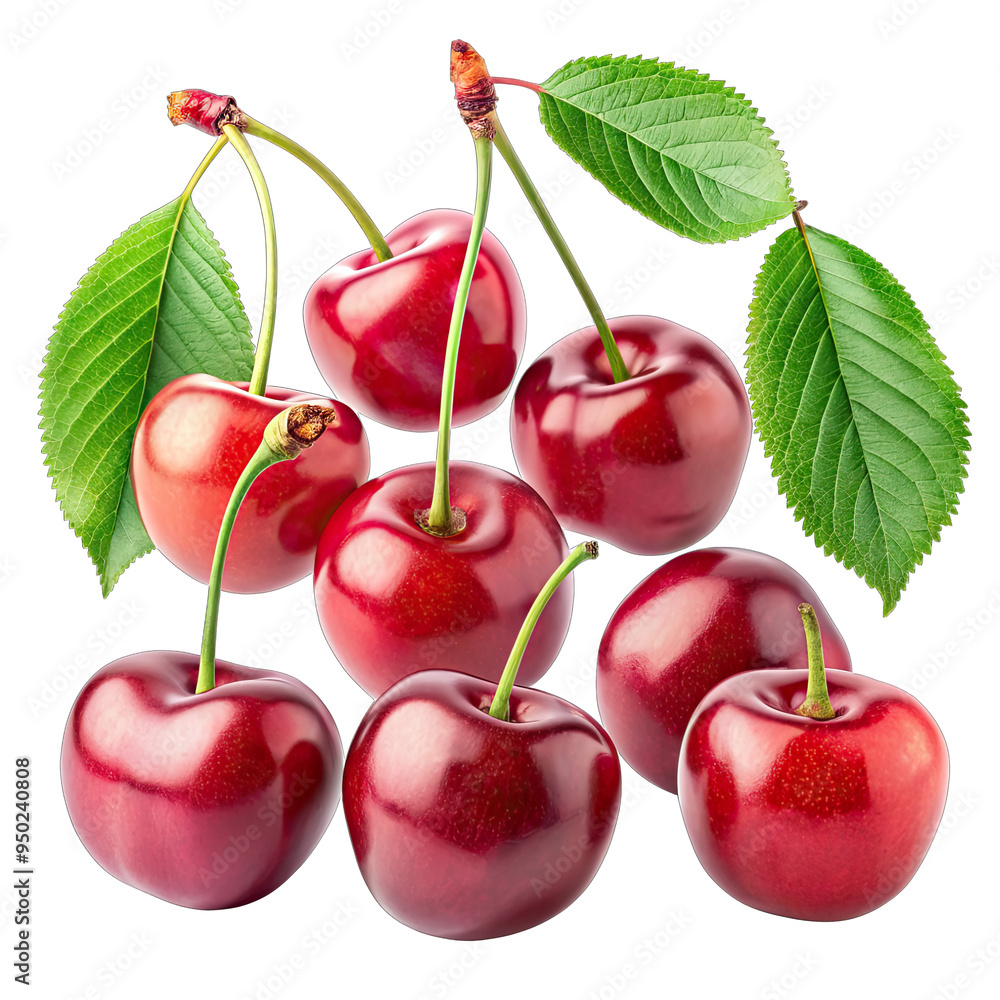 Nine ripe cherries, some with stems and leaves, arranged in various positions on a white background Nine ripe cherries, some with stems and leaves, arranged in various positions on a white background