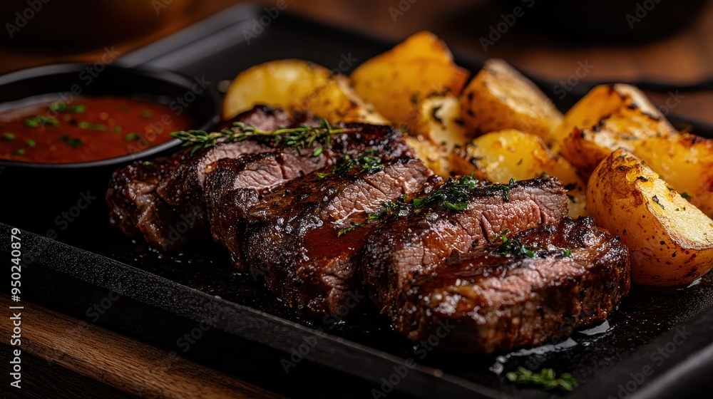 A close-up of a succulent, medium-rare steak served alongside perfectly roasted potatoes, garnished with fresh herbs and a side of rich, savory sauce on a black plate. A close-up of a succulent, medium-rare steak served alongside perfectly roasted potatoes, garnished with fresh herbs and a side of rich, savory sauce on a black plate.