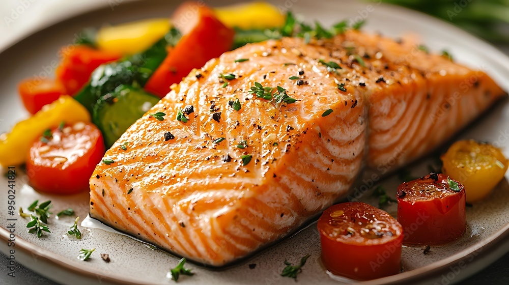 A close-up of grilled salmon with roasted cherry tomatoes and sprigs of thyme. A close-up of grilled salmon with roasted cherry tomatoes and sprigs of thyme.