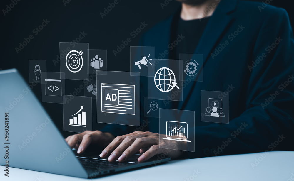Digital Marketing Concept. Businessman working on laptop with digital marketing icons online advertising, global communication, and data analytics. AD, Product Ads, Pay per click, traffic to web, Digital Marketing Concept. Businessman working on laptop with digital marketing icons online advertising, global communication, and data analytics. AD, Product Ads, Pay per click, traffic to web,