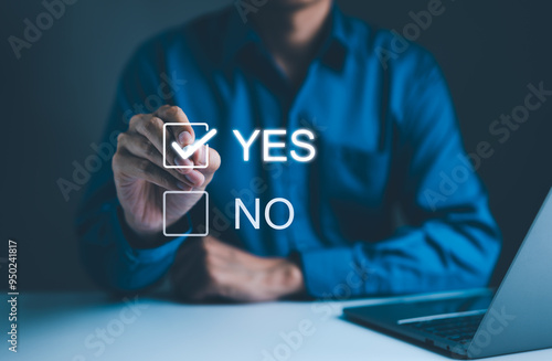 Quadro su tela Decision-Making with Yes or No Choice Checkbox, A hand selecting Yes from a digital checkbox interface, symbolizing decision-making, approval, or agreement in a professional or survey context