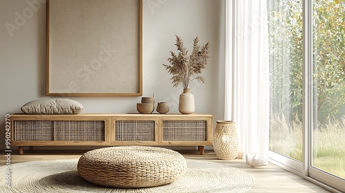 Wallpaper Mural A minimalist living room with rattan furniture and natural decor, embracing simplicity. Torontodigital.ca