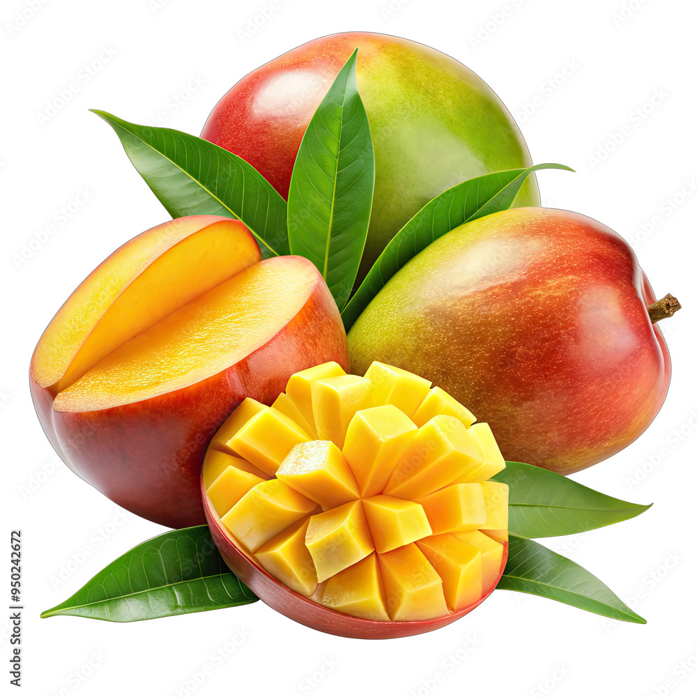 A cluster of ripe mangoes, some with leaves, others cut open and diced A cluster of ripe mangoes, some with leaves, others cut open and diced