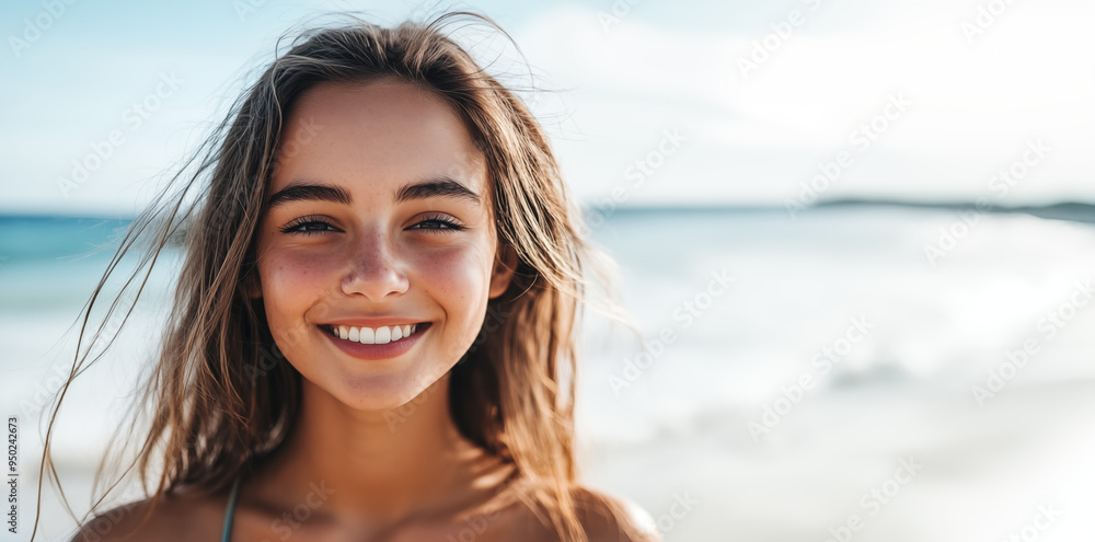 Sun-Kissed Joy: Smiling Woman on a Beach Sun-Kissed Joy: Smiling Woman on a Beach