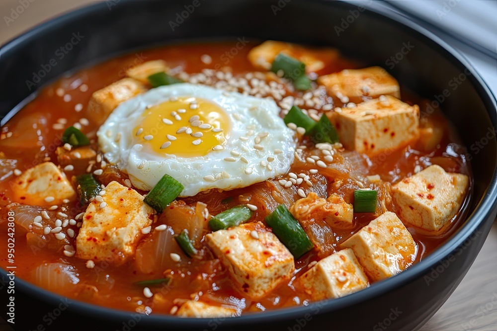 Kimchi jjigae or kimchi soup with tofu and egg or korean kimchi stew Kimchi jjigae or kimchi soup with tofu and egg or korean kimchi stew