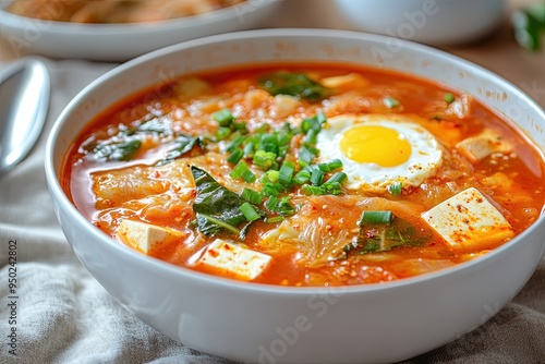 Kimchi jjigae or kimchi soup with tofu and egg or korean kimchi stew