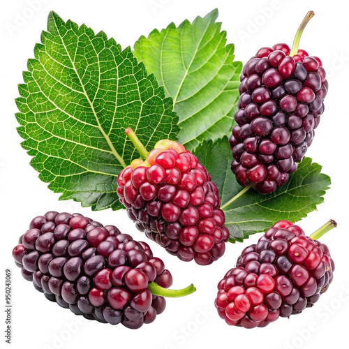 Wallpaper Mural Four ripe mulberries with green leaves, isolated on a black background Torontodigital.ca