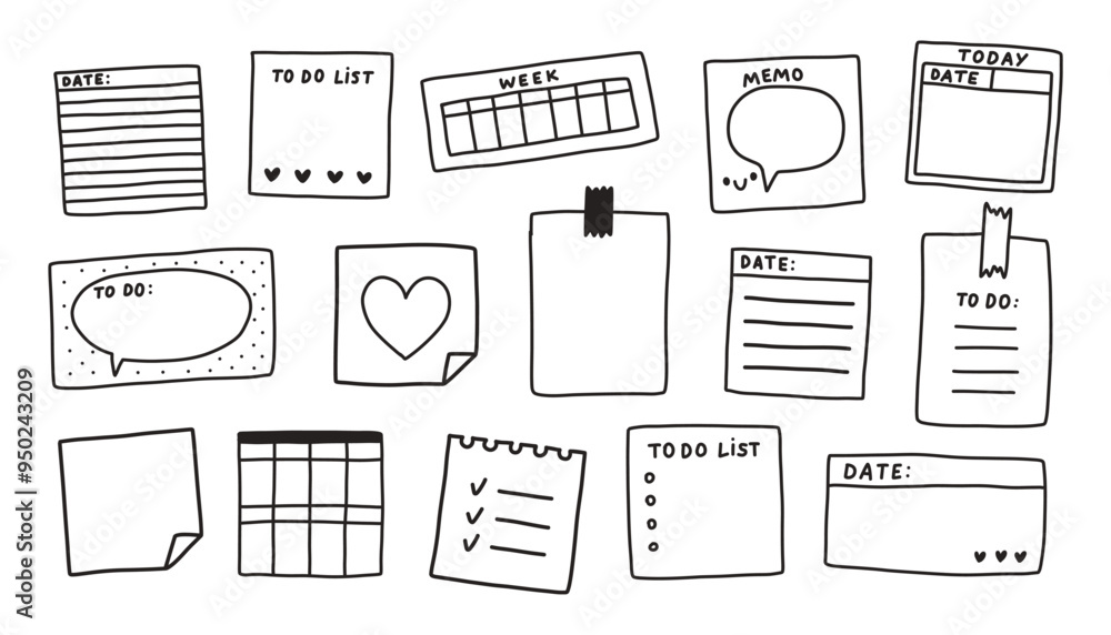 Simple sticky note set. Memo doodle. Blank square sheets of notepaper. A variety of paper stickers. Hand drawn isolated Simple sticky note set. Memo doodle. Blank square sheets of notepaper. A variety of paper stickers. Hand drawn isolated