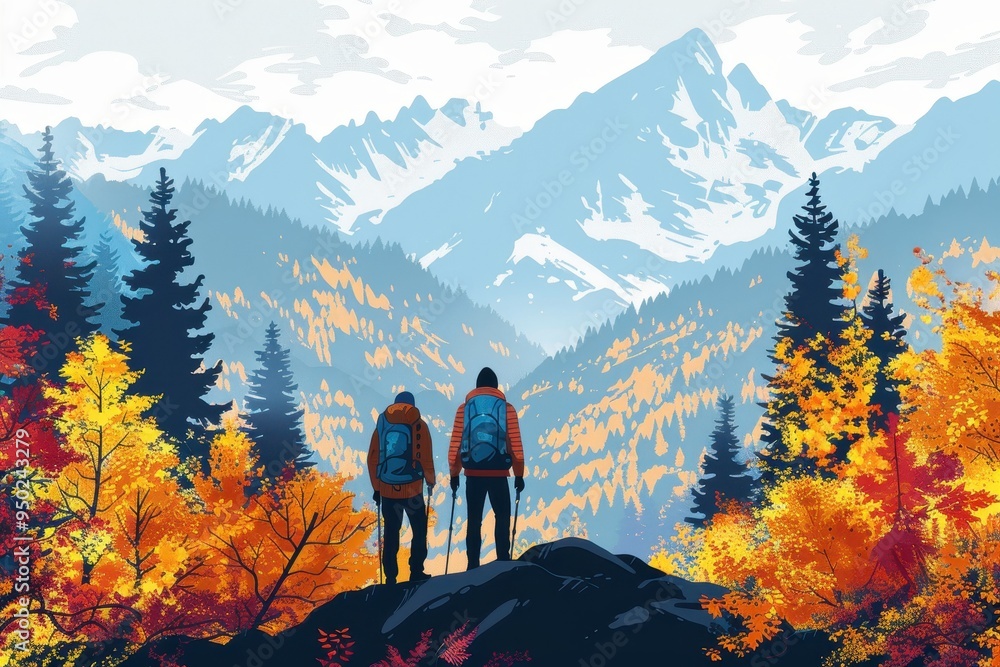 Fototapeta premium Hikers in a valley surrounded by colorful trees, fall adventure, flat design illustration.