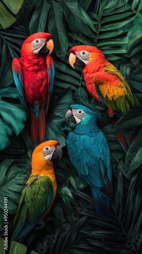 Wallpaper Mural Vibrant parrots perched among lush green leaves, showcasing their stunning plumage in a tropical setting. Torontodigital.ca