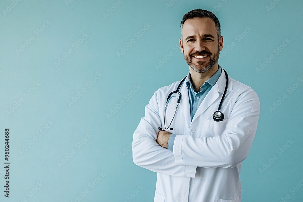 Confident mature doctor smiling with folded arms on teal background Confident mature doctor smiling with folded arms on teal background