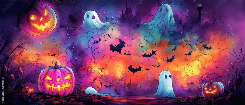 Obraz premium Neon Halloween Banner - pumpkins and ghosts, Jack o Lantern in a purple background