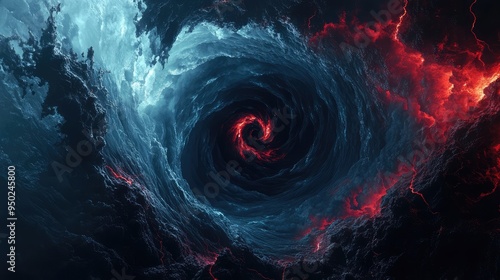 A chilling black vortex with red cracks and dark tendrils stretching into a blue, pulsating sky, capturing an atmosphere of dread.