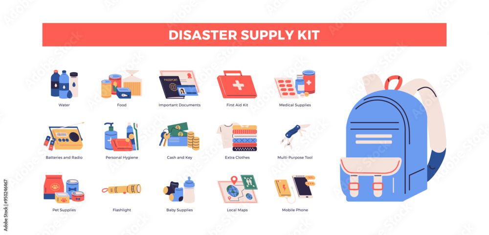 Disaster supply kit infographic illustration. Set of with survival kit objects. Survival emergency kit for evacuation or disasters with supplies, food, clothes. Flat color icons vector design Disaster supply kit infographic illustration. Set of with survival kit objects. Survival emergency kit for evacuation or disasters with supplies, food, clothes. Flat color icons vector design