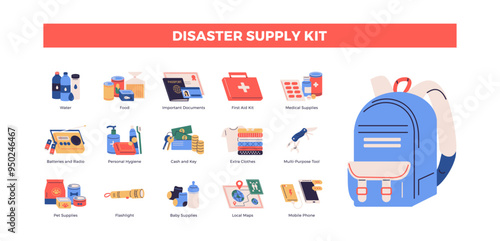 Disaster supply kit infographic illustration. Set of with survival kit objects. Survival emergency kit for evacuation or disasters with supplies, food, clothes. Flat color icons vector design