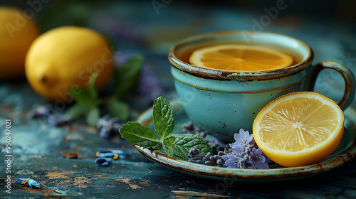 Cup of green tea with a lemon wedge on the side
