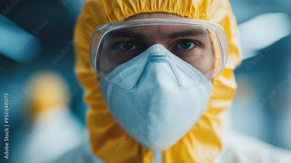 A person is shown wearing a yellow hazmat suit in a secured environment, signifying protection and safety in potentially hazardous conditions, captured with soft focus. A person is shown wearing a yellow hazmat suit in a secured environment, signifying protection and safety in potentially hazardous conditions, captured with soft focus.