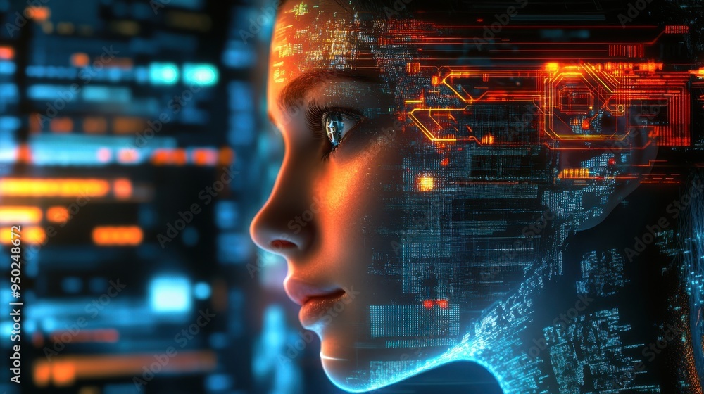 A woman's face is shown in a computer screen with a cityscape in the background A woman's face is shown in a computer screen with a cityscape in the background