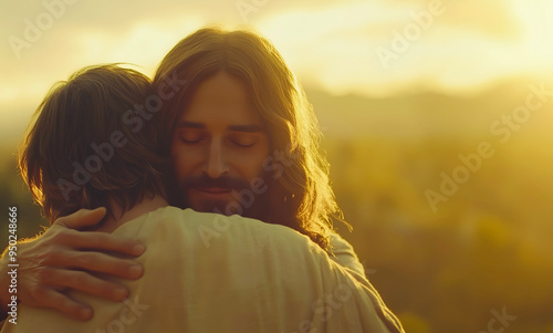 Jesus Christ hugging and comforting a man, offering peace and reassurance