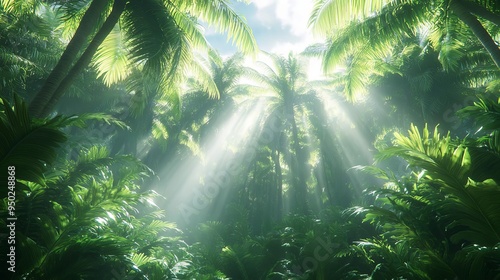 Lush green rainforest canopy filled with sunlight filtering through dense foliage, tropical jungle