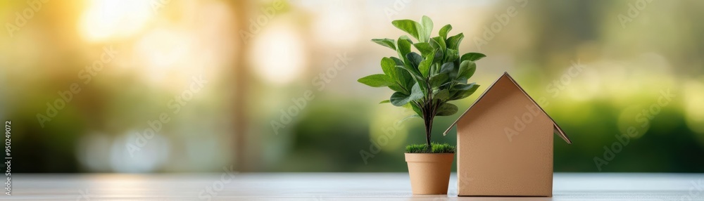 Eco-friendly home concept with a small plant in a pot next to a cardboard house model on a blurred green background. Eco-friendly home concept with a small plant in a pot next to a cardboard house model on a blurred green background.